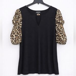 Madison Paris New York Blouse 2X Sheer Cheetah Sleeves Gold Clasp Keyhole